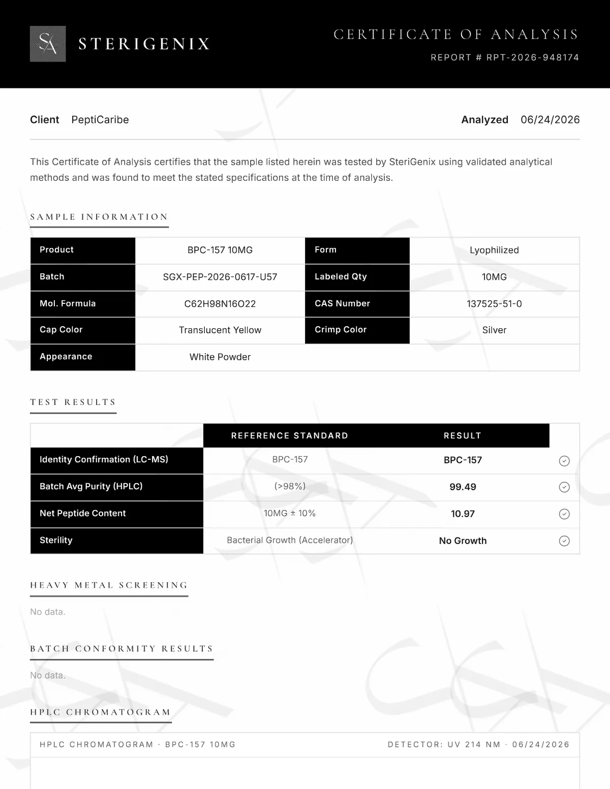 First page of the BPC-157 10 mg certificate of analysis, lot SGX-PEP-2026-0617-U57, from SteriGenix Analytical